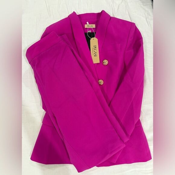 PEGASI Double Breasted Blazer & Pants Suit Set - Pink Berry - Picture 6 of 10